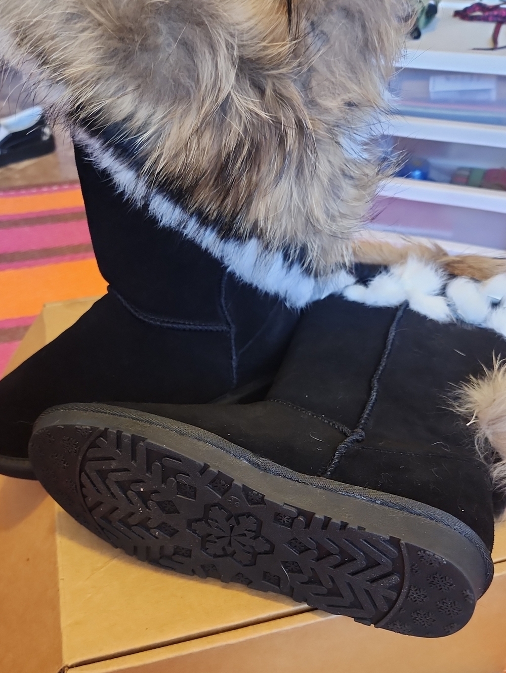 Black Suede Winter Boots with Faux Fur Trim - Women's - Picture 5 of 5